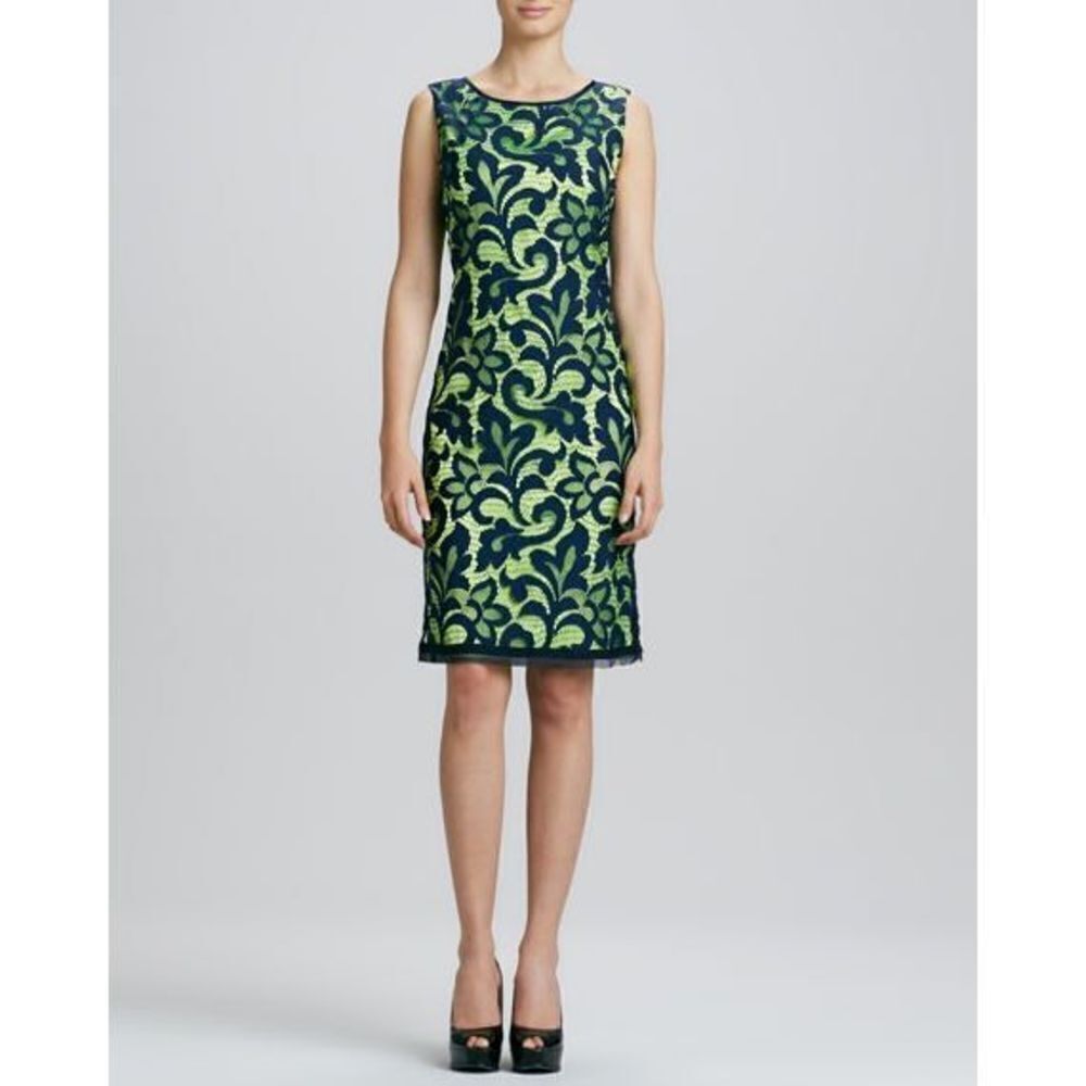 Elie Tahari Women's Sleeveless Lace Sheath Dress Navy Blue neon Green Size 0‎
